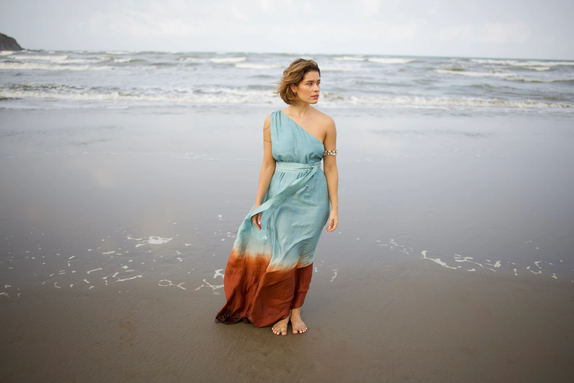 Aphrodite blue mulberry silk dress by the sea